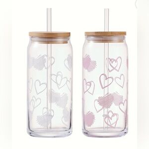 Mainstays Pink and White Heart Can Sipper Glass Tumblers 20oz
